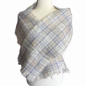 Foxford Mohair Wool Scarf Made In Ireland Blue Tan Plaid Soft Cozy 58.5" X 9"